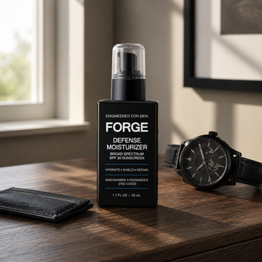 FORGE Defense Moisturizer SPF 30 on a dark walnut dresser beside a black automatic watch and a leather card holder in soft natural window light