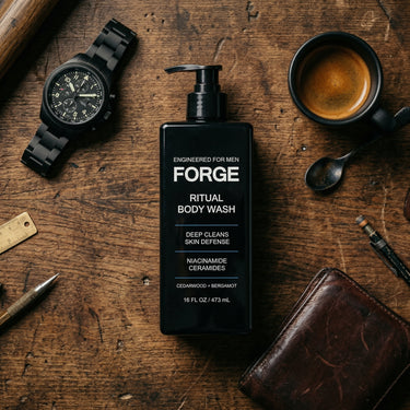 FORGE Ritual Body Wash on a wood desktop with a watch, espresso and leather wallet