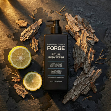 FORGE Ritual Body Wash on dark slate with cedarwood bark and fresh lemon