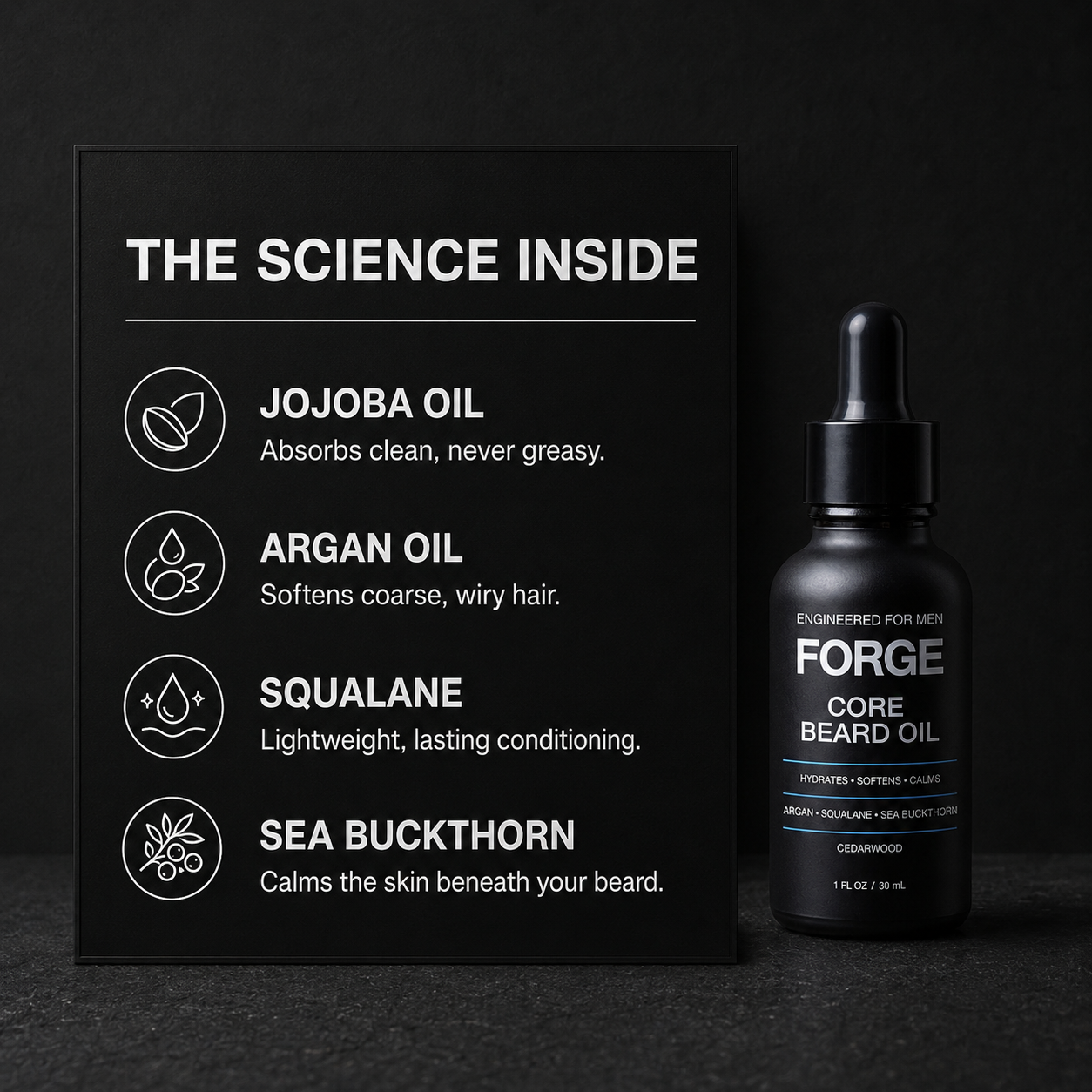The science inside FORGE Core Beard Oil: jojoba oil absorbs clean and never greasy, argan oil softens coarse wiry hair, squalane for lightweight lasting conditioning, sea buckthorn calms the skin beneath your beard