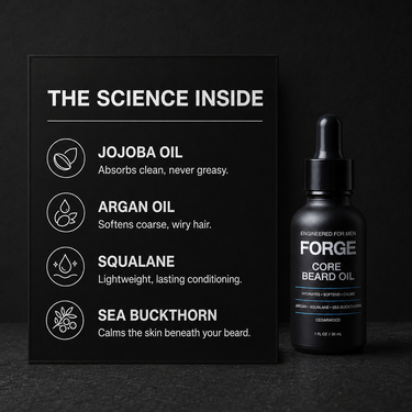 The science inside FORGE Core Beard Oil: jojoba oil absorbs clean and never greasy, argan oil softens coarse wiry hair, squalane for lightweight lasting conditioning, sea buckthorn calms the skin beneath your beard