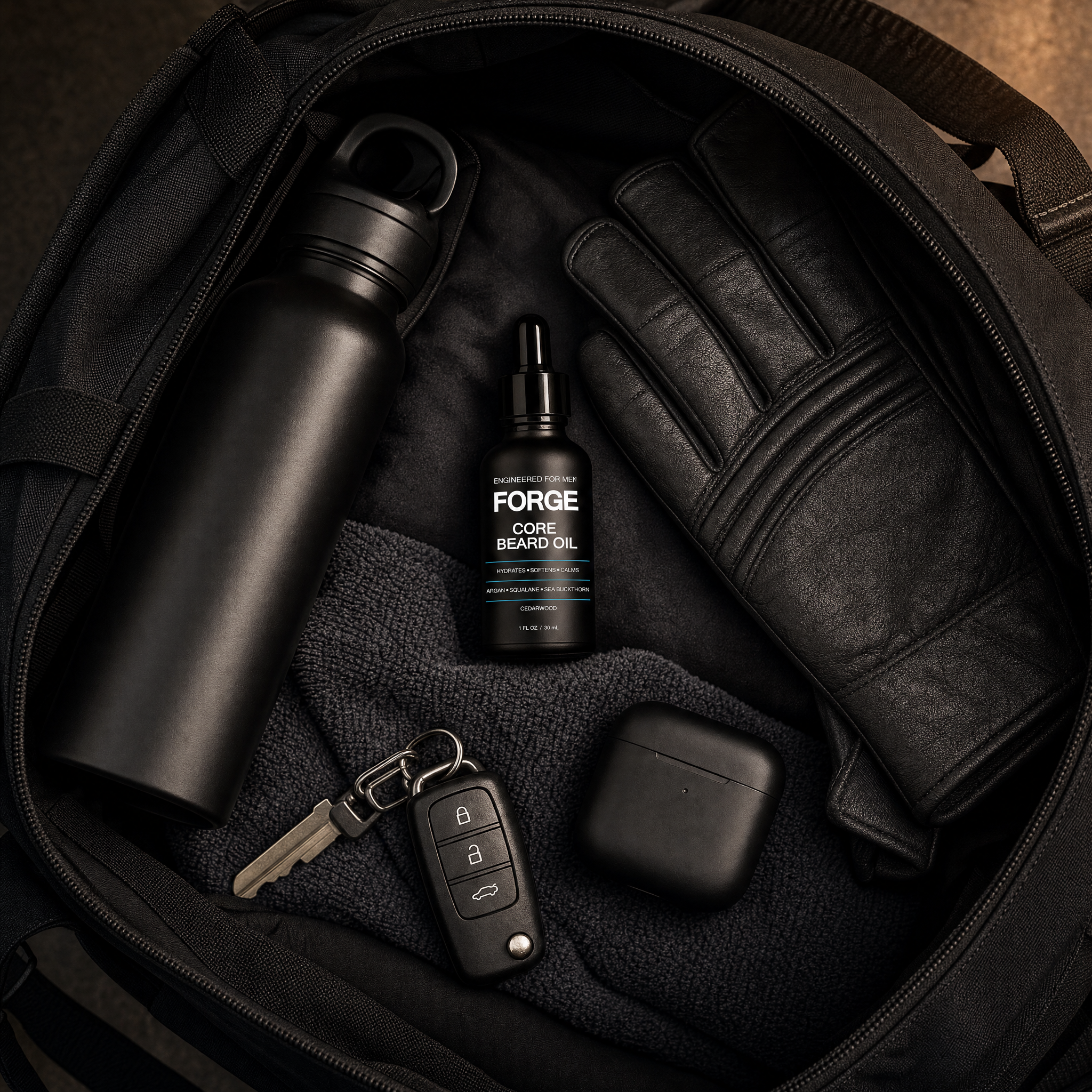FORGE Core Beard Oil in an open black tactical bag with water bottle, leather gloves, keys and earbuds in warm light