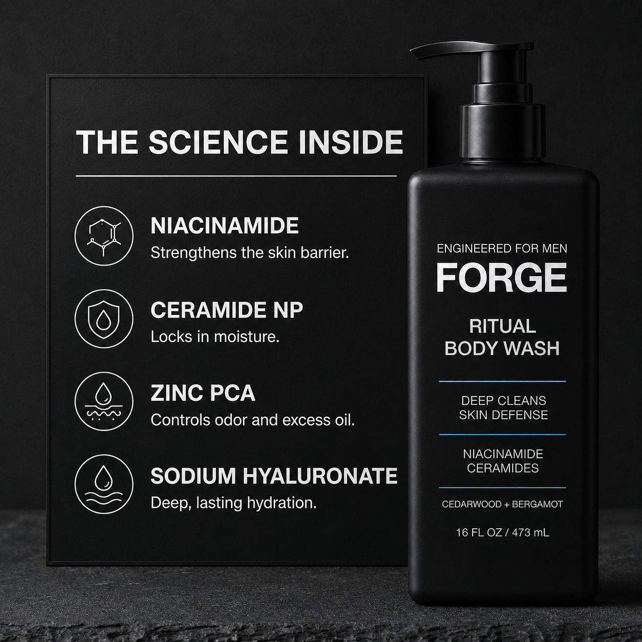 The science inside FORGE Ritual Body Wash: niacinamide strengthens the skin barrier, ceramide NP locks in moisture, zinc PCA controls odor and oil, sodium hyaluronate for lasting hydration