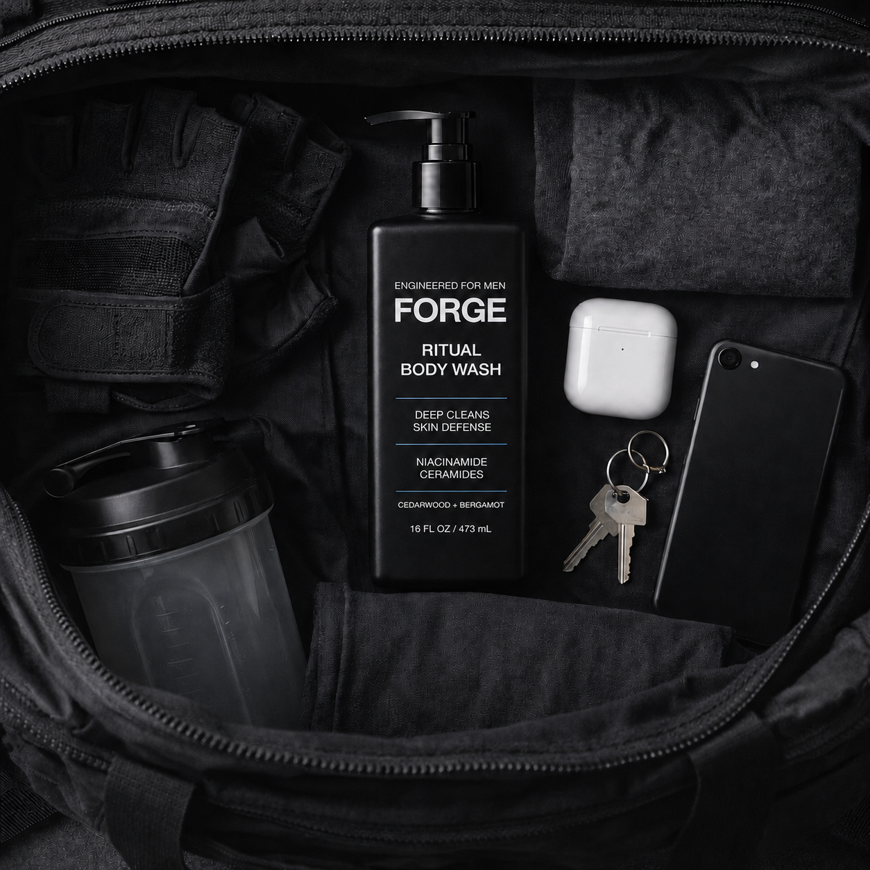 FORGE Ritual Body Wash in an open black tactical gym bag with gloves, shaker, earbuds, keys and phone