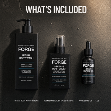 What's included in The FORGE Full Line: Ritual Body Wash 16 fl oz, Defense Moisturizer SPF 30 1.7 fl oz, and Core Beard Oil 1 fl oz on a warm-lit concrete slab